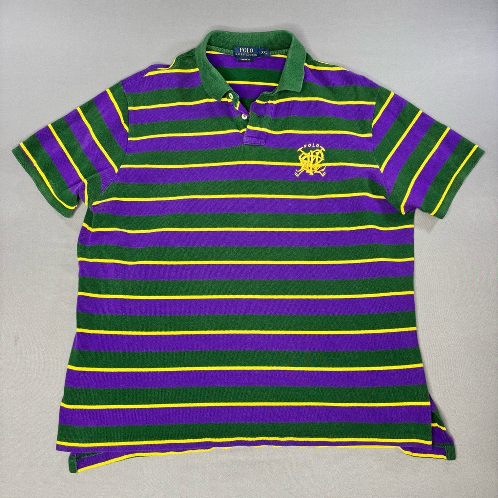 Ralph Lauren Polo Mens 2XL XXL Rugby Shirt Monogram Crest Custom Fit Green Strip